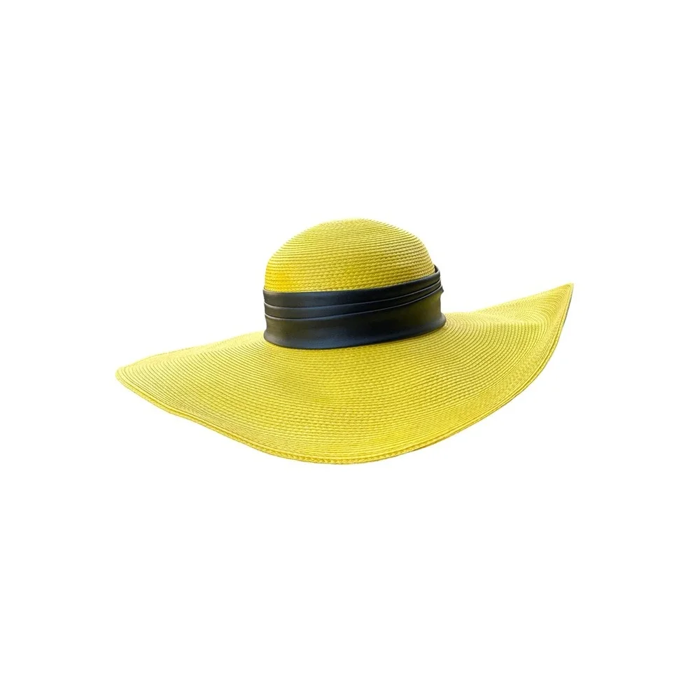 Vintage Yellow Wide Brim Sun Hat Black Faux Leather Trim Floppy‎ Straw Beach Hat